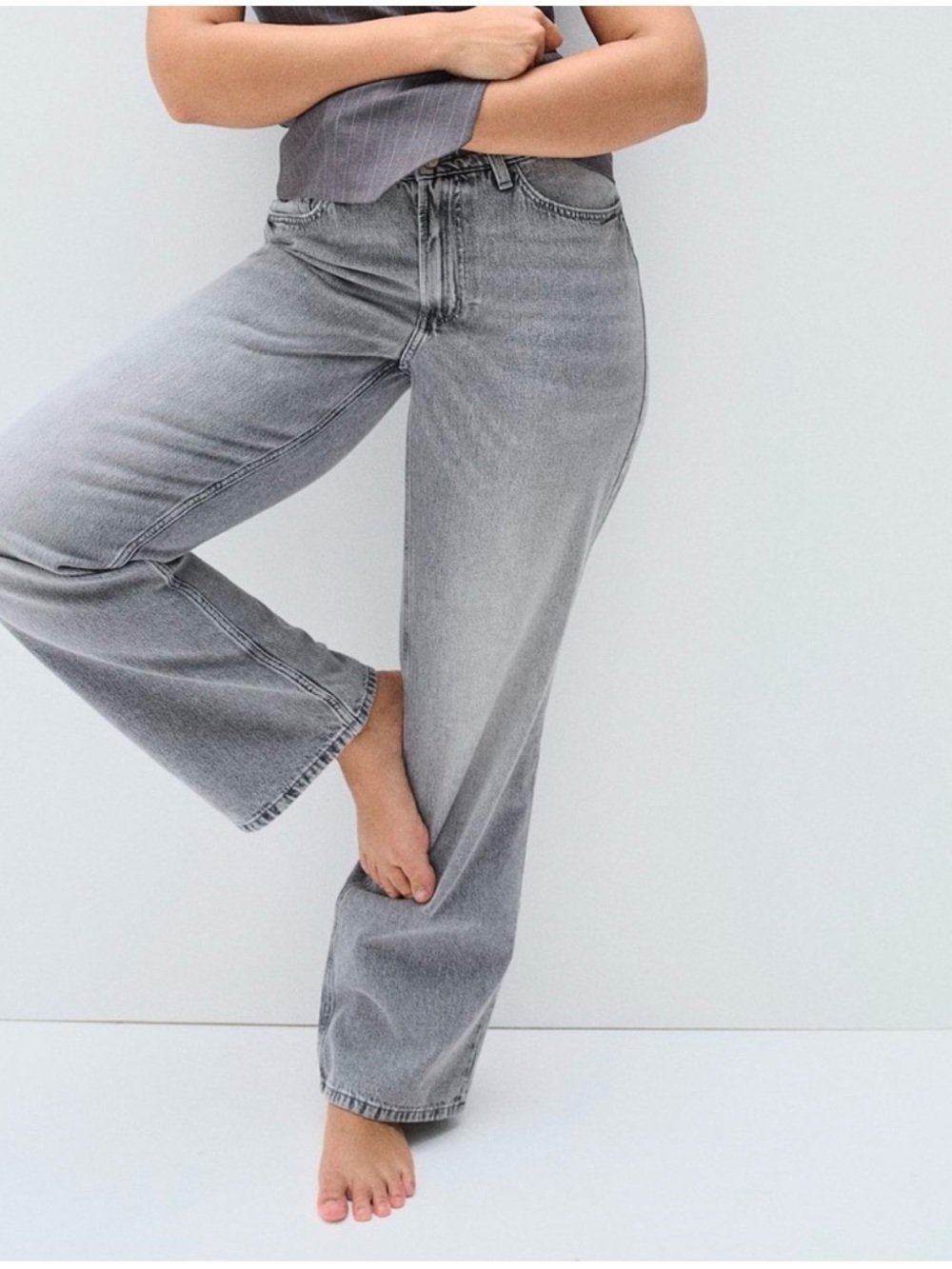 H&M Grey Ultra High-Rise Feather Soft Wide-Leg Jeans